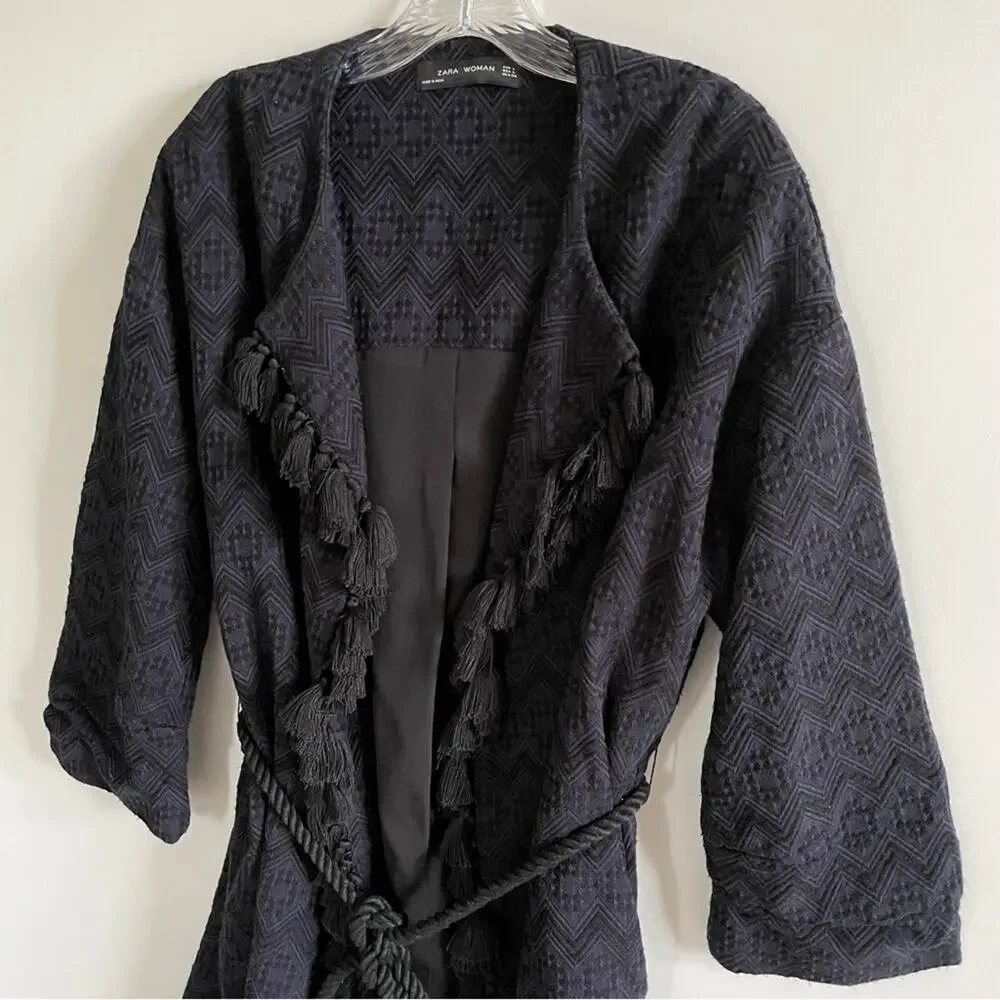 Zara Navy Jacquard Fringe Tassel Kimono Jacket